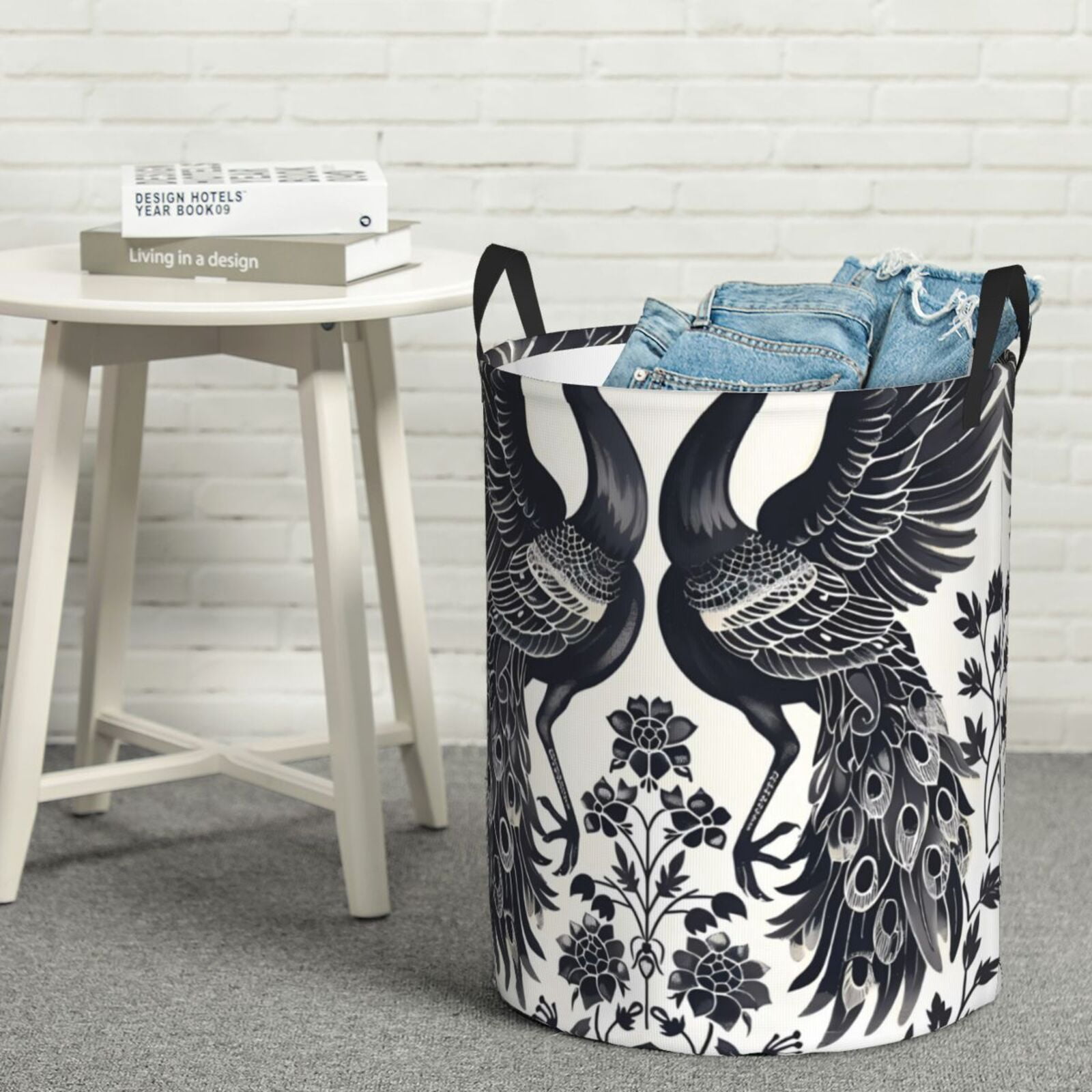 Fuzoiu Artistic Black White Peacocks Print Circular Hamper,Laundry Basket with Handle,Collapsible Laundry,Dirty Clothes Storage Basket,for Bedroom Bathroom Dorm Living Room-Small
