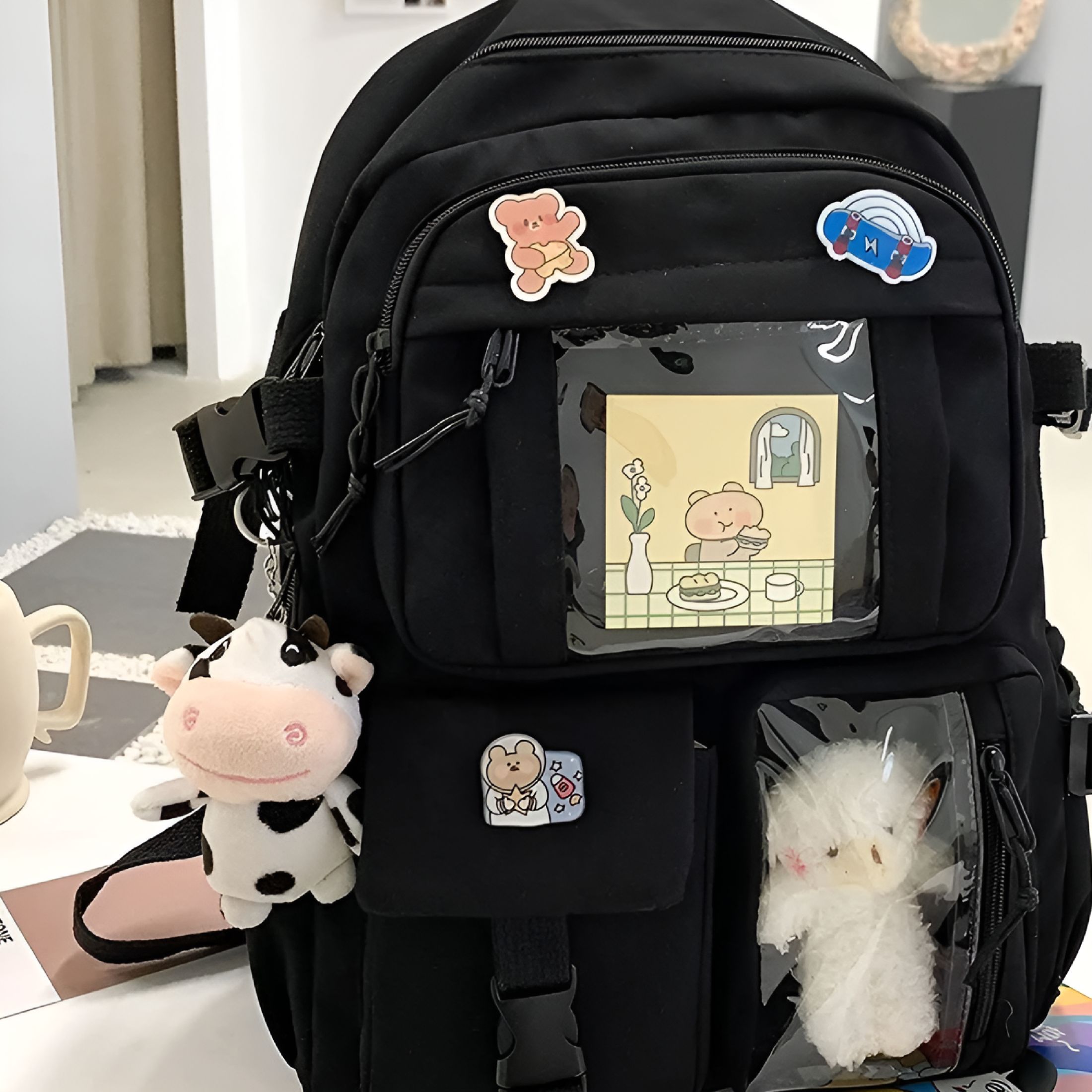 GASTROPOD 2026 New Kawaii Cute Bear Backpack with Cow Pendant & Pins - Back to School Supplies Student Animal Japanese Anime Bag Daypack for School, Travel, Outing, Casual Use