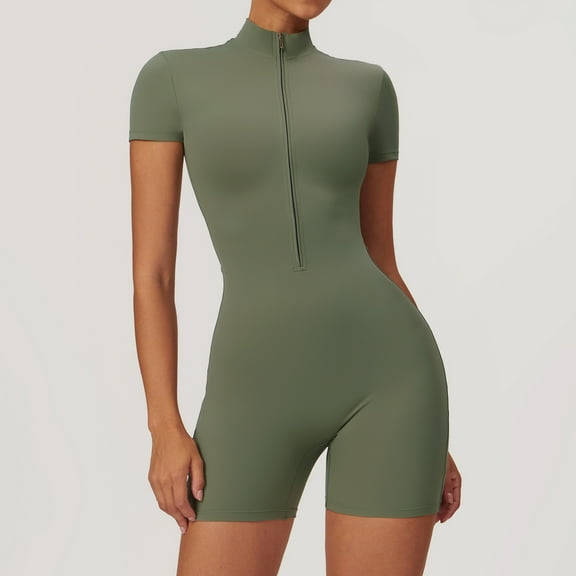 VoleFox Women's Short Sleeve Zip-Up Yoga Jumpsuit Breathable Workout Bodysuit for Dance Fitness Summer Tight Sportswear