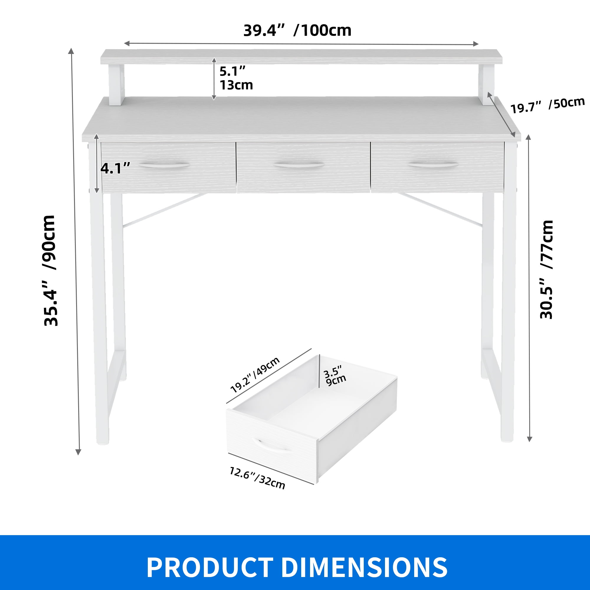 Uforic 40" Computer Desk with Monitor Stand & 3 Drawers, Modern Small Study Desk with Hooks , Home Office Desk Writing Desk for Small Space,Living Bedroom, Gaming, White