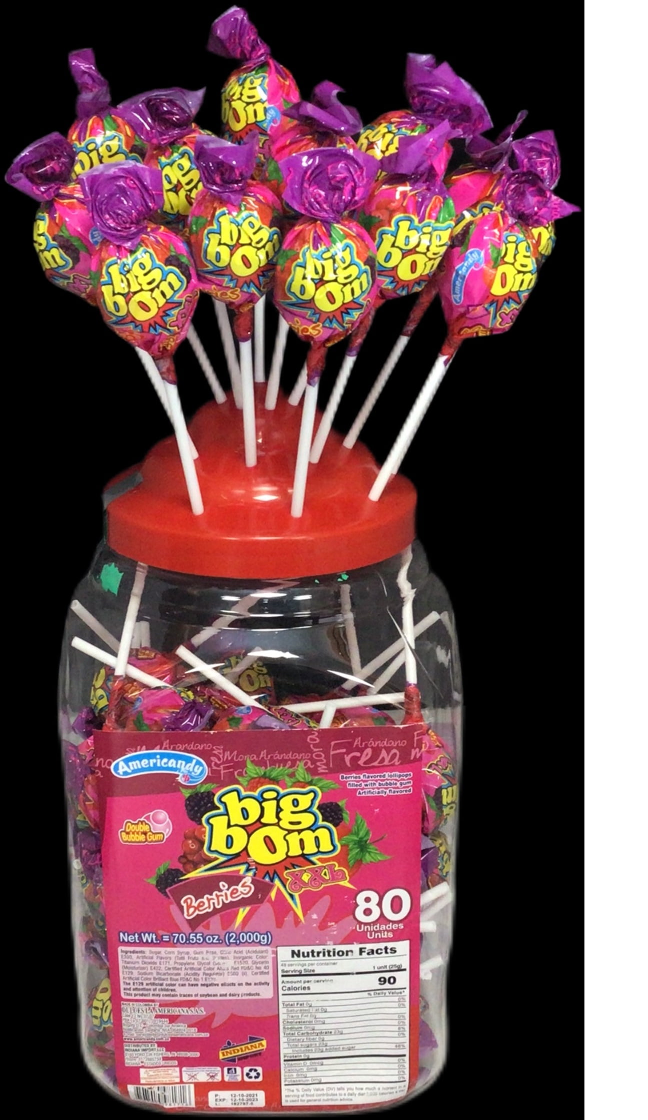 Americandy Big Bom XXl Duoble Bubble Gum Lollipops, Strawberry - 80 Count  Display Tub - Walmart.com