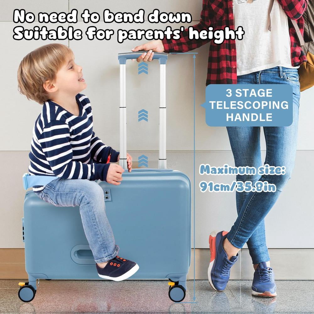 Kids Ride on Suitcase 20 Inch, Childrens Travel Carrier Cabin Case with Foot Pedal Spinner Wheels and Safe Harness Stroller for Boy Girl Travel(Blue)