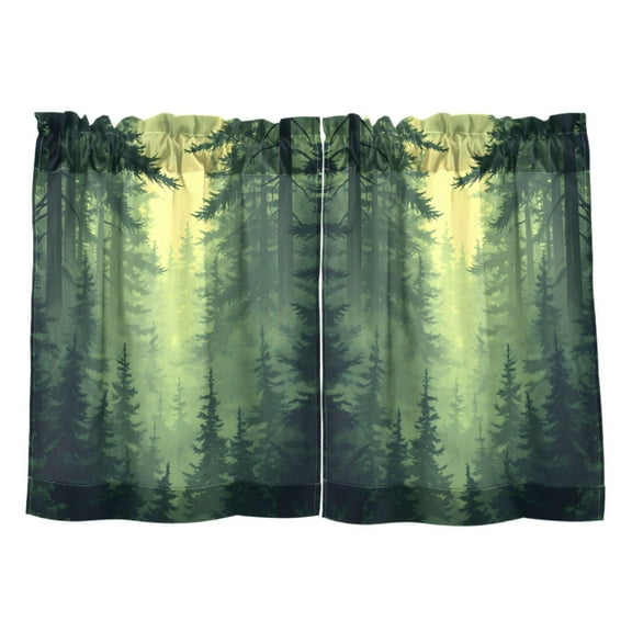 Green Forest Kitchen Curtains Tier Set 27x24 Inch 2 Panels Semi Sheer Light Filtering Privacy UV Protection