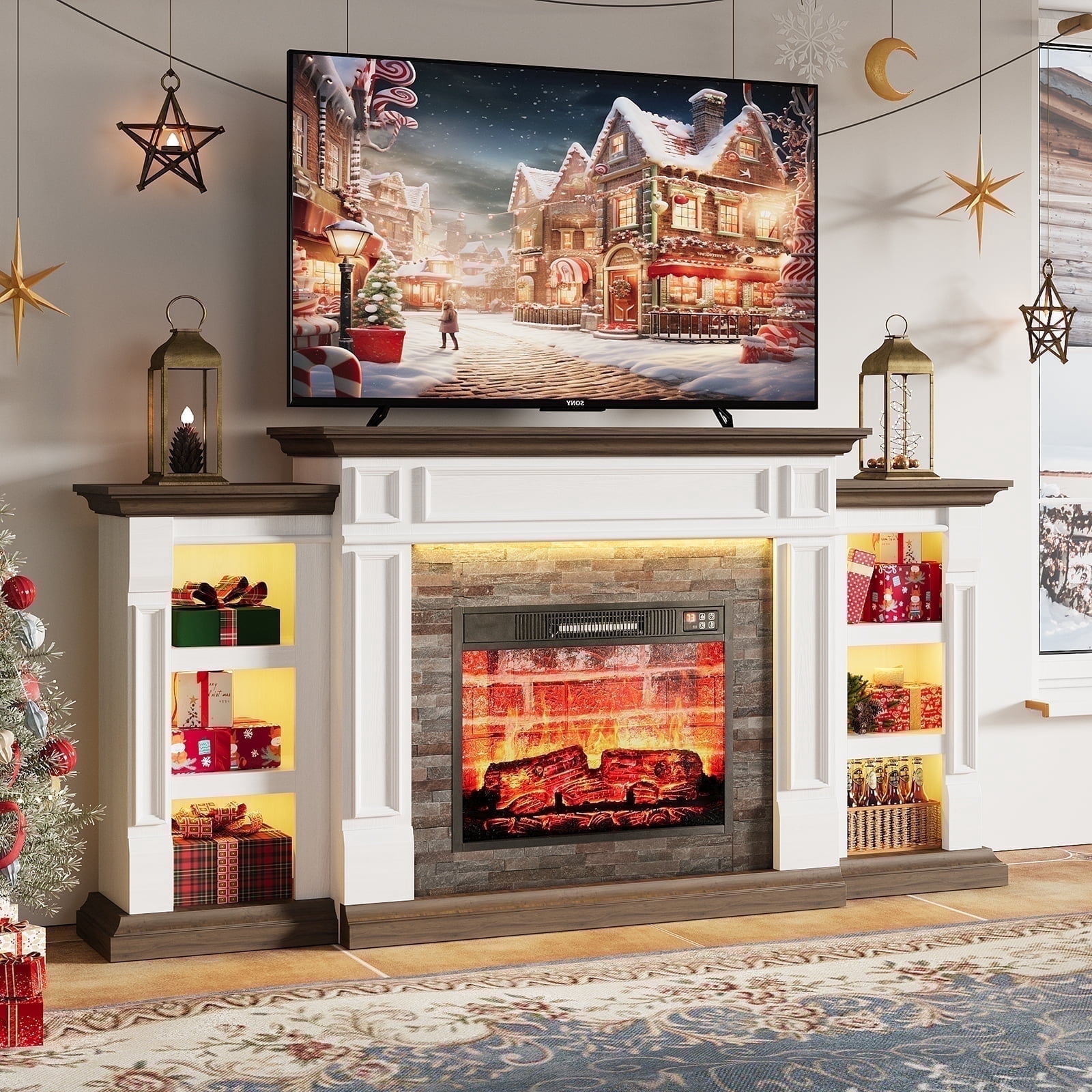 Holliwill 71" Fireplace Mantel, TV Stand Entertainment Center for TVs up to 80" with 23" Electric Heater & LED Light, White Brwon