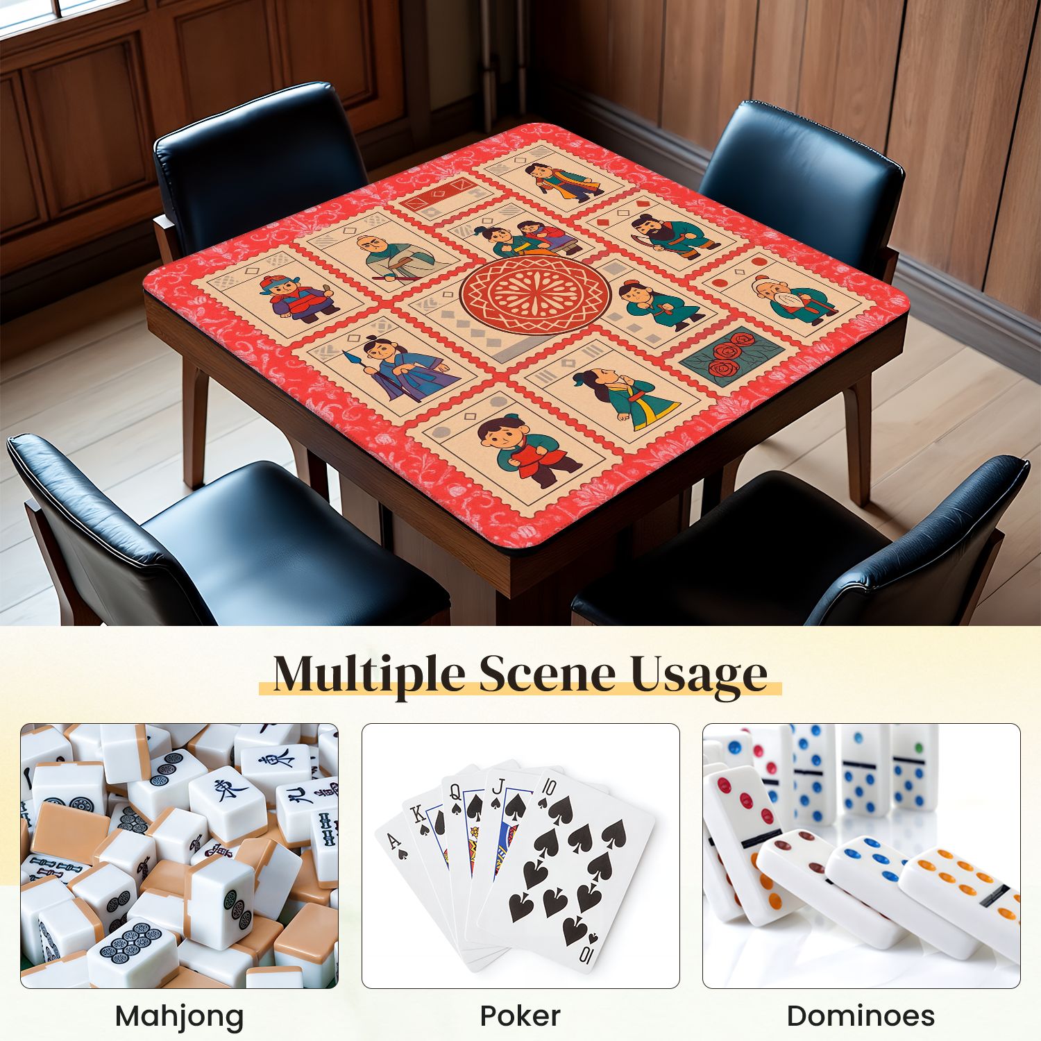 Mahjong Mat 31.5" x 31.5" Chinese Inspired Cartoon Anti-Slip and Noise Reduction Symmetry Design Mahjong Tiles Table Cover for Dominoes Poker Card Board and Tile Games