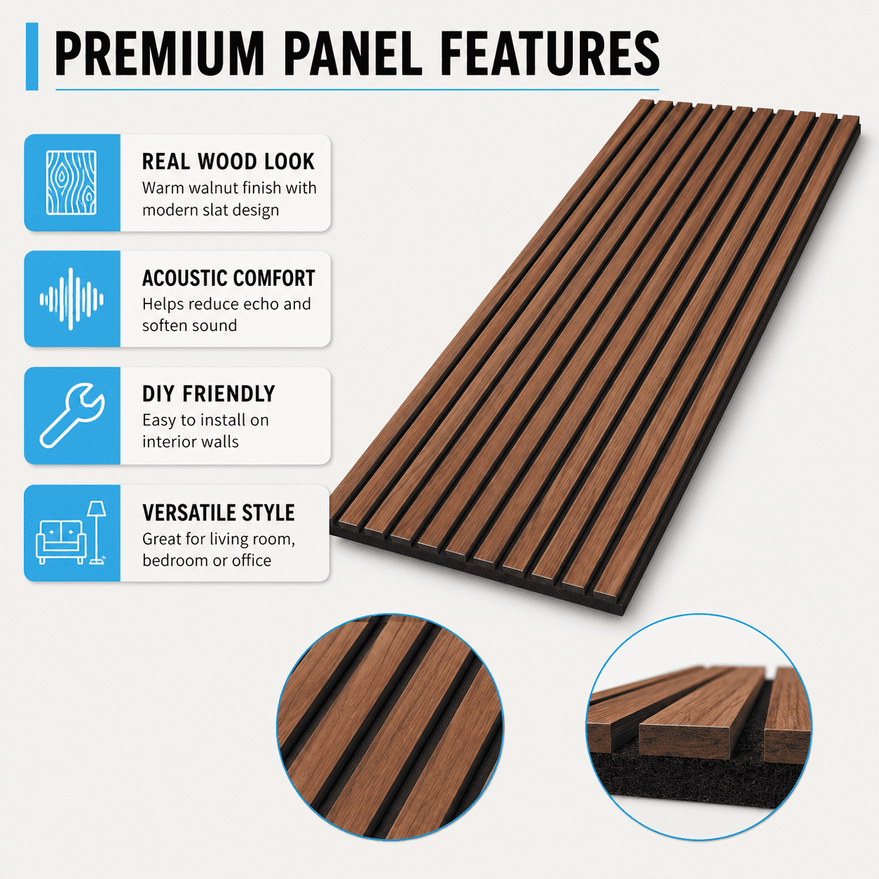 Yeslife 2 pcs Wood Slat Acoustic Wall Panels, 95.7 in x 24 in, Walnut MDF, 3D Decorative Sound-Absorbing Panels for Interior Walls, 31.65 sq ft