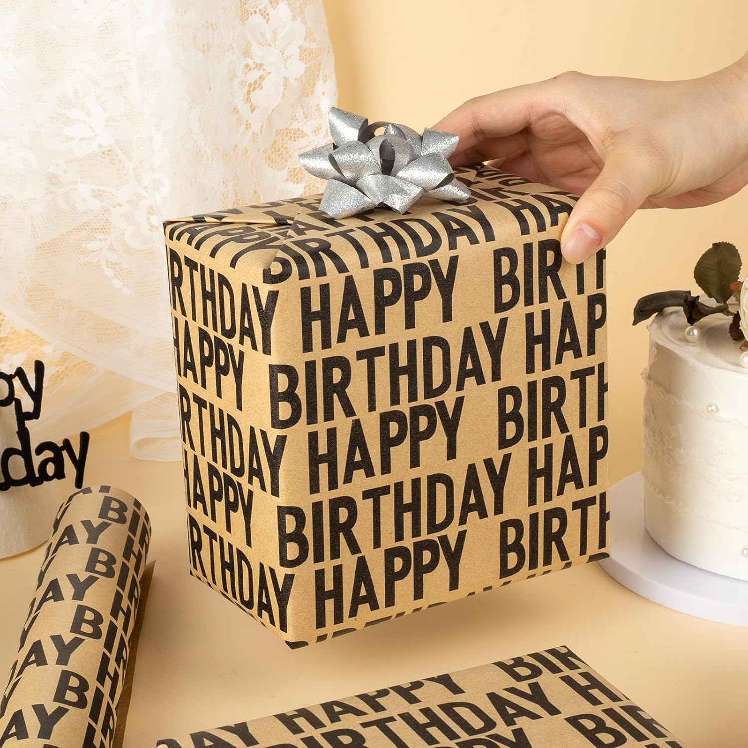 Birthday Kraft Wrapping Paper Roll, Mens Gift Wrapping Paper - 17 Inch x 33 Feet - Vintage Style Brown Black Happy Birthday Gift Wrap Thick Present Sheet for Holiday, Party, Father's Day