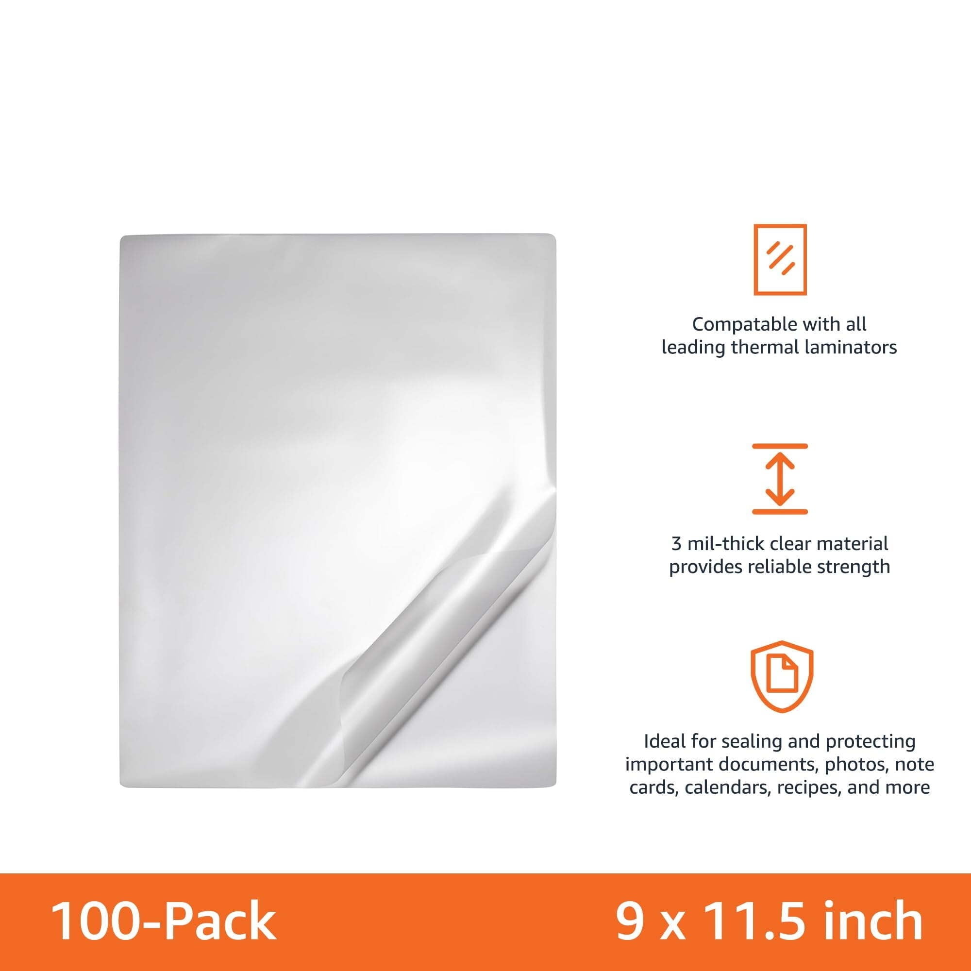 Basics Clear Thermal Laminating Plastic Paper Laminator Sheets, 9 x 11.5-Inch, 200-Pack, 3mil