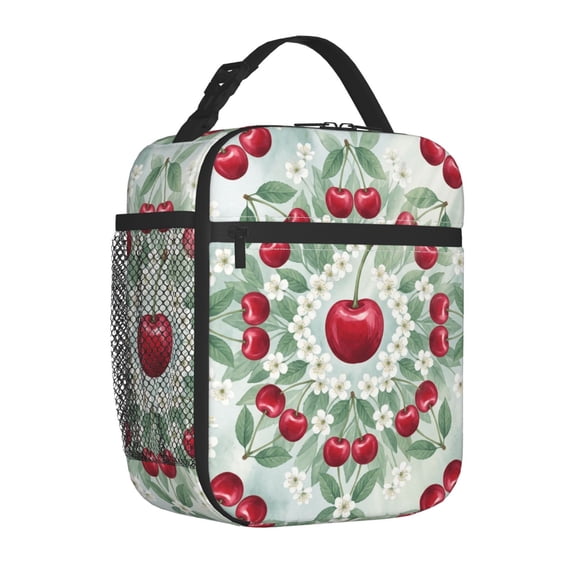 Cherries Lunch Bag Insulated Reusable Cooler Tote Portable Meal Prep Bag Side Mesh Pocket Work Office Picnic