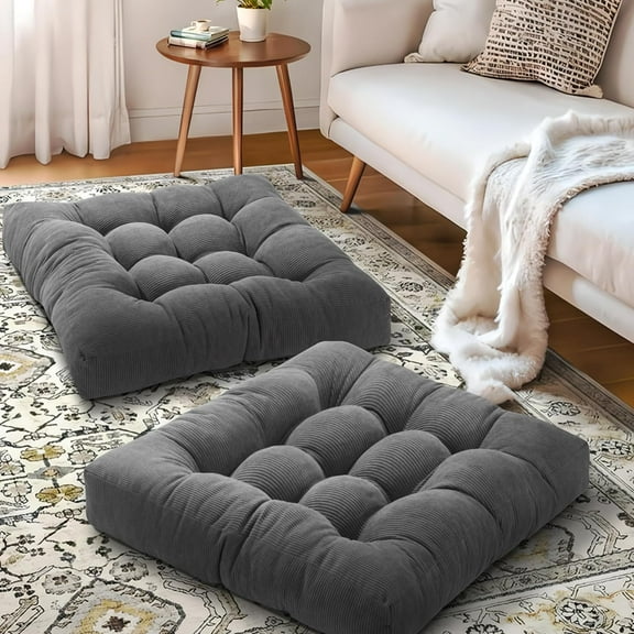 Floor Pillow Cushions for Adults Sitting Large Big Pillows for Floor Seating Square Memory Foam Thick Tufted, 22 x 22 Inch, Set of 2, Dark Grey