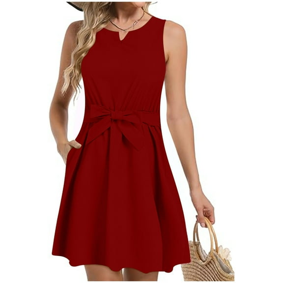 Sakmal Mid-Length Womens Dresses Summer Red Notch Neck Solid Sleeveless Tie Pleated A-Line Dress