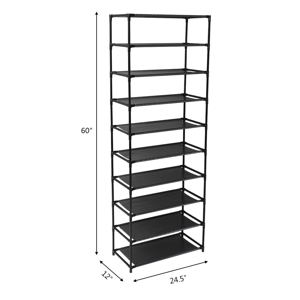 10 Tier Stackable Shoe Rack Storage Shelves,  Stainless Steel Frame Heavy Duty Holds 50 Pairs of Shoes, Easy Assemble, Black
