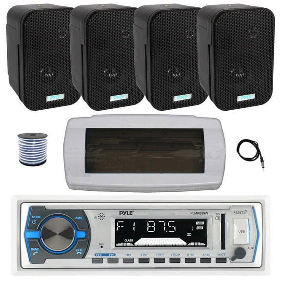 Pyle PLMRB29W Single DIN Bluetooth Marine MP3 AM/FM Stereo Receiver with White Cover, 22" Radio Antenna, Wire, 4x 3.5" 300W Max Indoor/Outdoor Waterproof Wall Mount Speakers (Black)