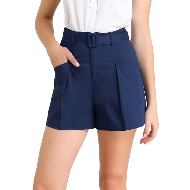 Pantalones Cortos De Cintura Alta De Oficina De Trabajo De Algodón Con Cinturón De Verano Para Mujer Con Bolsillos Azul real XS