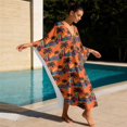thumbnail image 4 of FKELYI Tropical Palm Tree Flower Print Womens Summer Coverup V-Neck Maxi Beach Dress Soft Caftan with 2 Pcs Chest Patch Batwing Sleeves Loungewear Plus Size Ladies Beachwear, 4 of 7