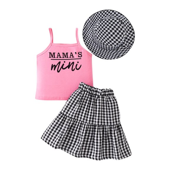 ZACPNCV Toddler Girls Summer Clothes Letter Print Sleeveless Tank Top Plaid Skirt Set with Hats Day Kids Outfits Pink 6-7 Years