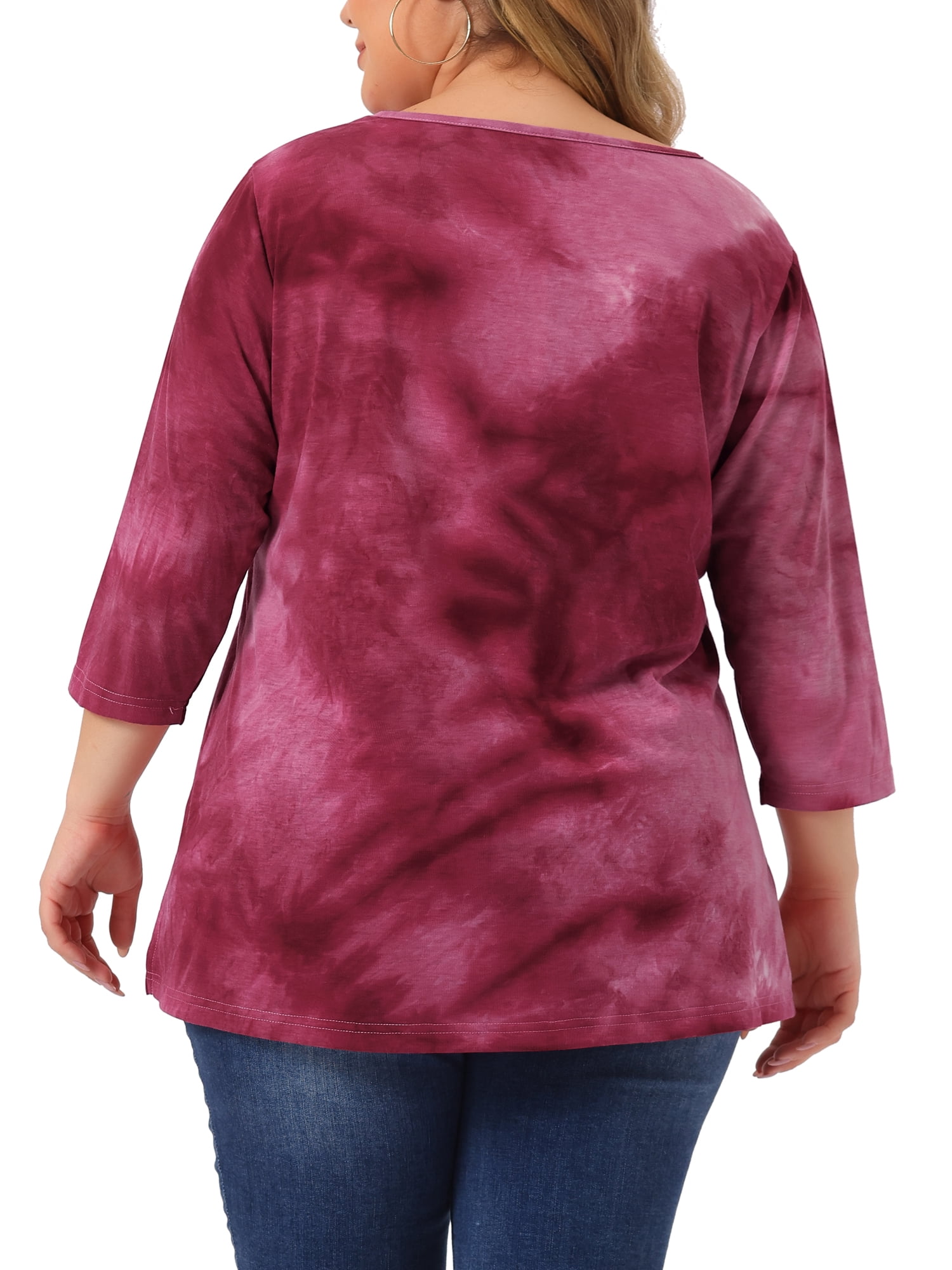 DARING DIVA Women's Plus Size V Neck 3/4 Sleeve Striped Tie Dye Blouse L Hot Pink