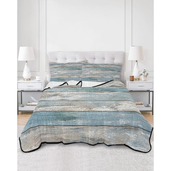 Twin Quilt Bedding Set Farmhouse Wood Board Retro Summer Quilt Lightweight Quilted Coverlet with 2 Pillow Shams, Minimalist Style 3-Piece Bedspread Quilt Set for All Season