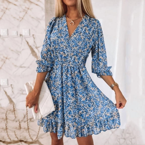 MORTTIC Women's Floral V-Neck Smocked Boho Flowy Mini Dress with Elastic Waist for Spring Summer Fall Blue，S