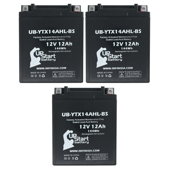 3-Pack UB-YTX14AHL-BS Battery Replacement for 2005 Kawasaki EX500-D Ninja 500 500 CC Motorcycle - Factory Activated, Maintenance Free, Motorcycle Battery - 12V, 12AH, UpStart Battery Brand