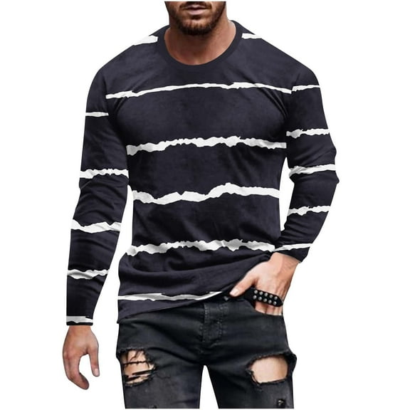 Qingpeng Men Shirts Casual Striped Long Sleeve Crew Neck Fitness T Shirt Regular Fit Basic Shirt