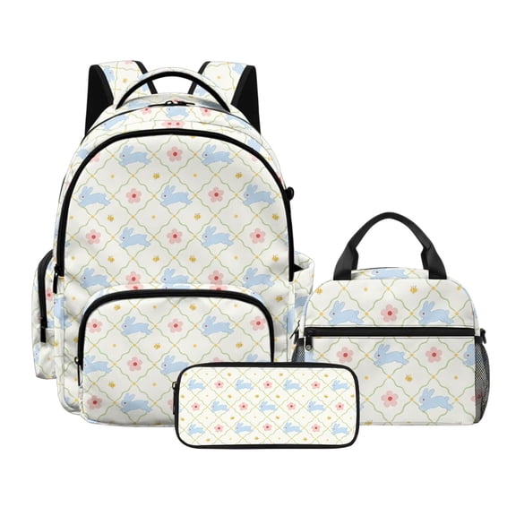DISNIMO Rabbit Floral Printed Backpack for Kids with Lunch Bag & Pencil Pouch, 3 Pcs School Backpack Set for Middle High School Students, 17 Inch Lightweight School Bag Travel Daypack