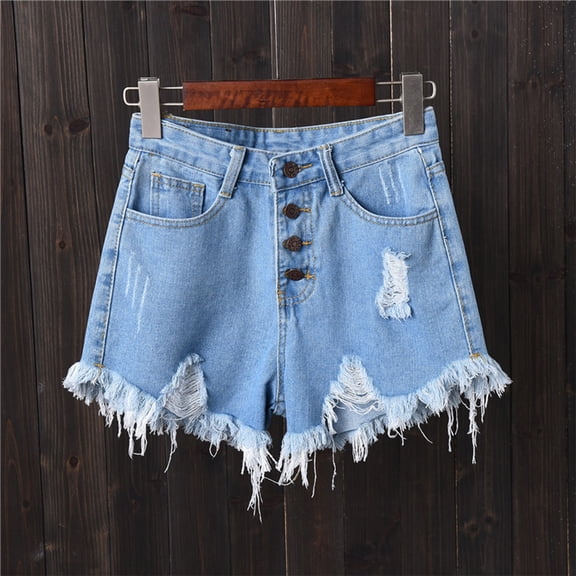 PNTUTB Spring Summer Women's Shorts Casual Breathable Ripped Button-Down Denim Shorts Fashionable Versatile Frayed-Edge Shorts with Multiple Pockets