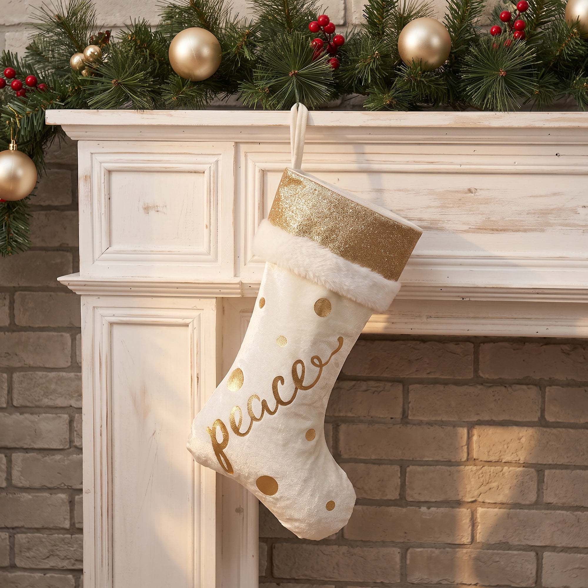 Unique Bargains Shabby Chic Stocking Luxury Double Layer Velvet Sock Gold 18"  "Peace "