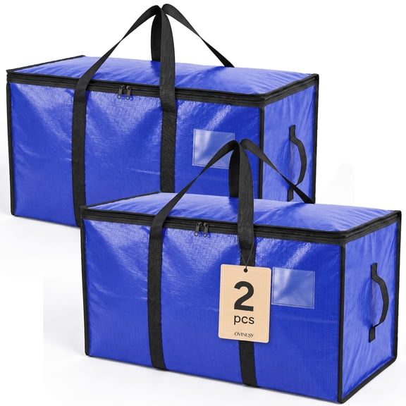 OVINESY 2 Pack 65 QT Heavy Duty Moving Bags with Double Zipper, Side Handles & Label Pockets, Blue Large Storage Bags for Clothes Storage, College Dorm & Packing