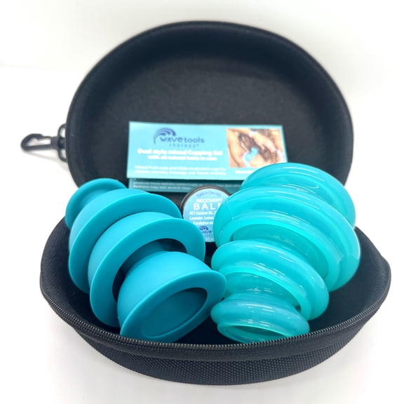Dual Style mixed size Silicone Massage Cupping Therapy Set with All Natural Balm, (6 Pack, Clear Teal Glide Cups)