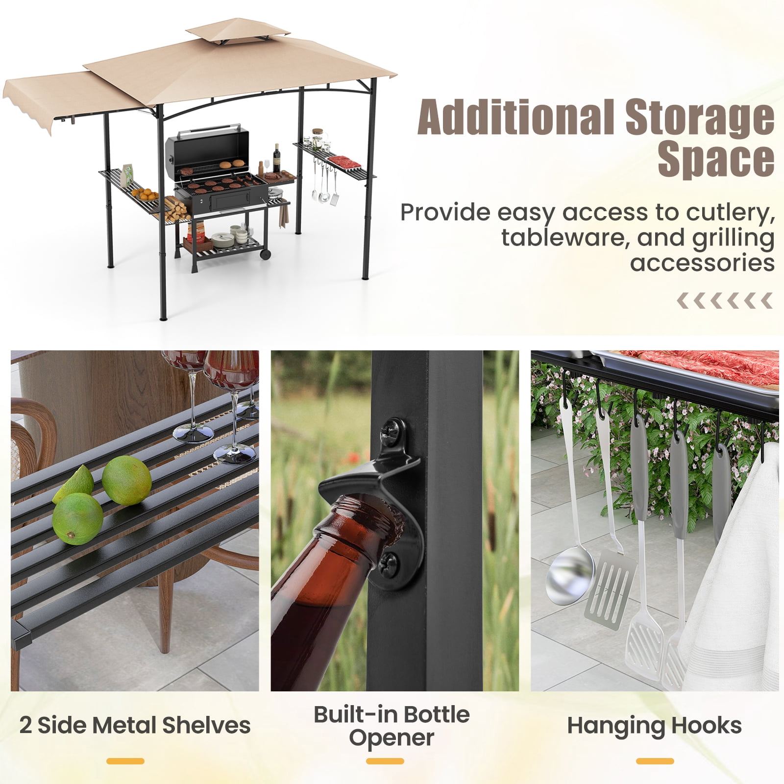 Gymax 11 x 5 FT Grill BBQ Gazebo w/ Side Awning Double-Tiered Top 2 Side Shelves Beige