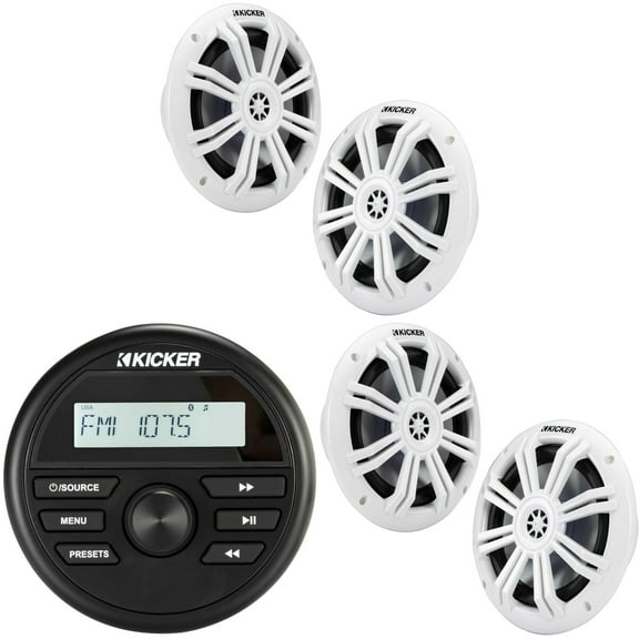 Kicker KMC2 Gauge Mount Marine Grade Receiver & (2 Pair ) 49KM604W 6.5" White Marine Speakers bundle