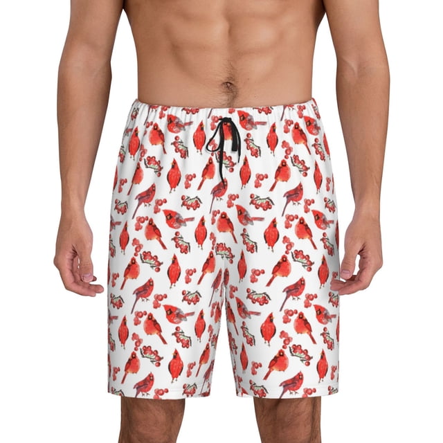 Vsdgher Shorts de Pyjama pour Hommes Imprimé Oiseaux Rouges Bas de Détente Shorts de Sommeil Taille Élastique Shorts de Pyjama Légers avec Poches-3TG