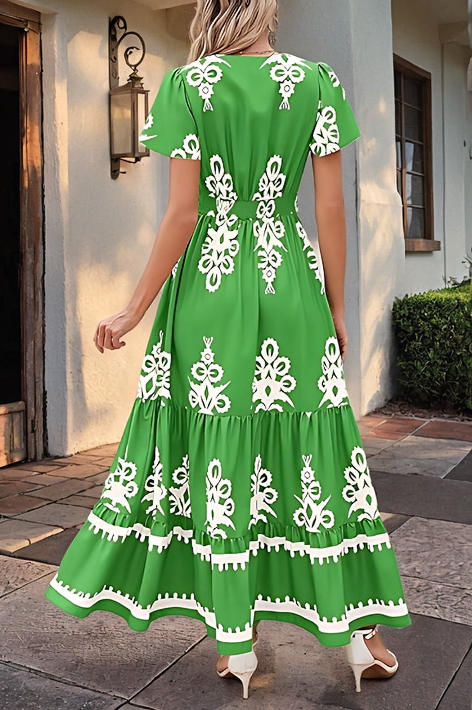 Womens 2025 Summer Casual V Neck Boho Maxi Dress Flowy Aline Bell Sleeve Tiered Floral Dresses with Pocket Green XXL