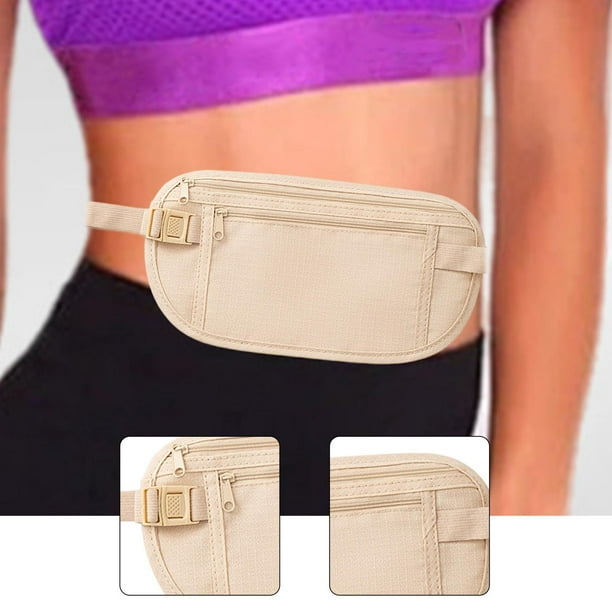 Riñonera con cinturón para dinero, práctica riñonera con cremallera, cartera para mujer para actividades al libre, fitness, deportes largos Beige