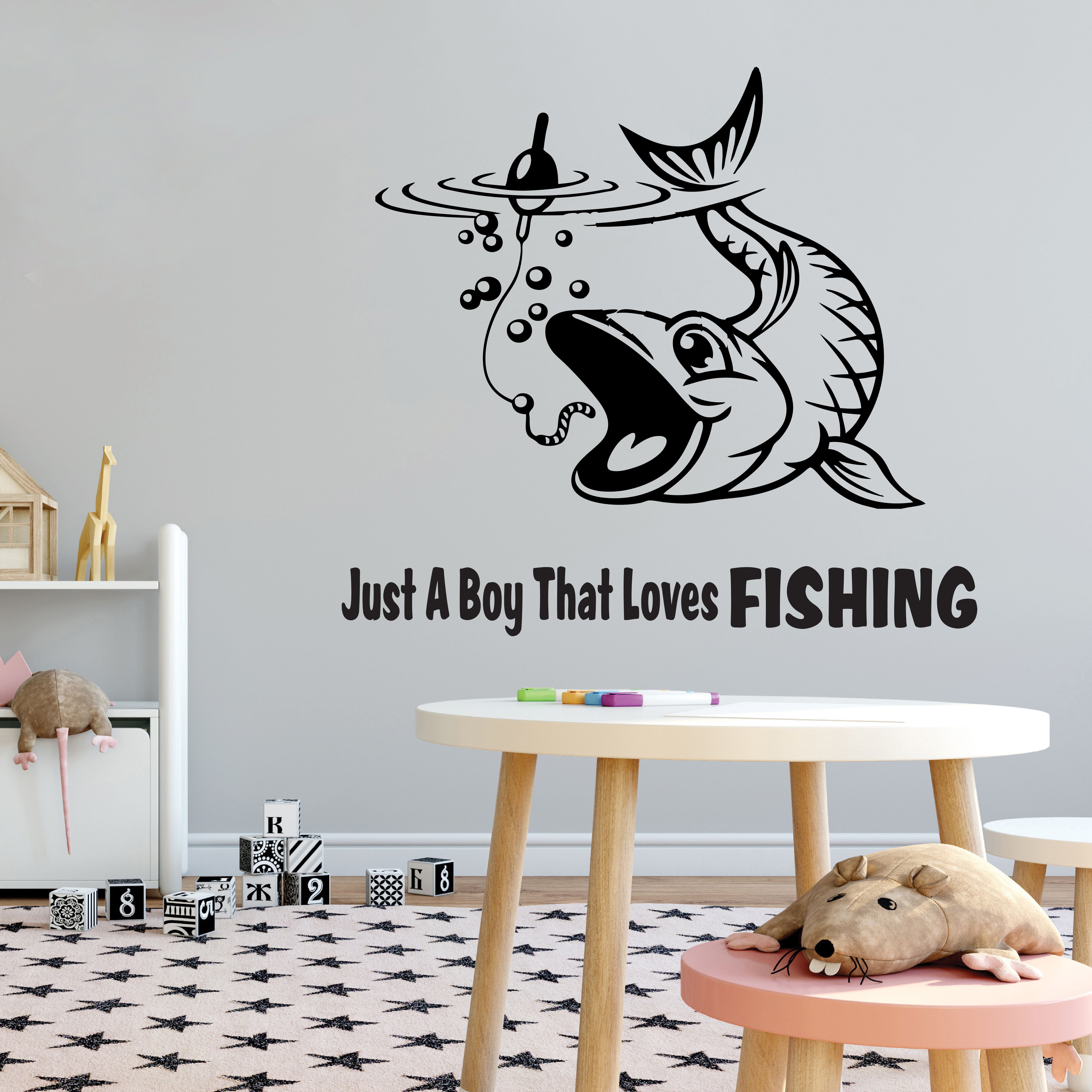 FISHING - Removable Home Kids Boys Bedroom Fishing Themed Vinyl Decoration  Sticker Just A Boy That Loves Fishing Lettering Art Quotes Adhesive Wall  Decal 20 x 18 