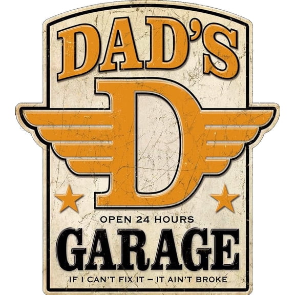 Desperate Enterprises Large Embossed Aluminum Die Cut Dad’s Garage Sign 23 x 18.25 Inch Multicolor Metal Wall Decor for Garage or Man Cave