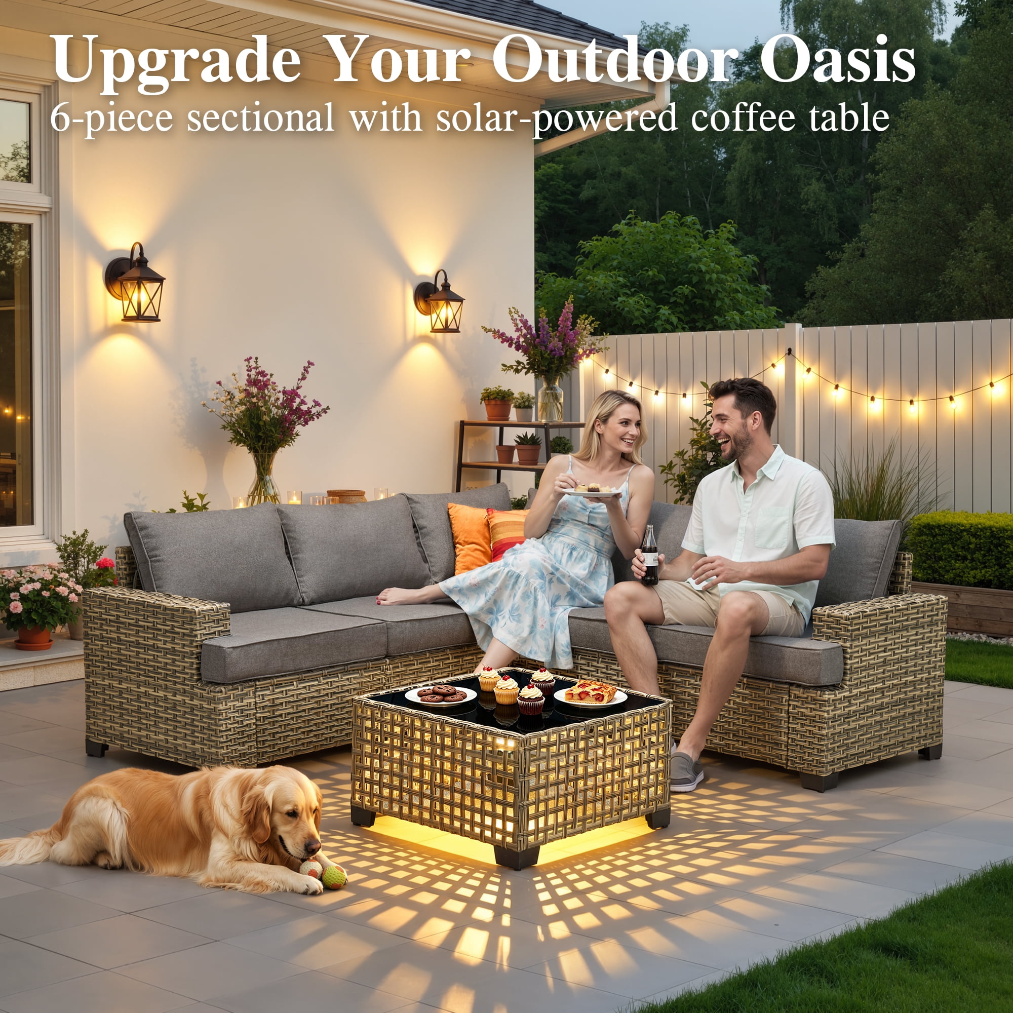 Ovios 6-Piece Outdoor Patio Furniture Set with Solar-Powered Lighted Coffee Table, All-Weather Wicker L-Shaped Sectional Sofa, Dark Gray