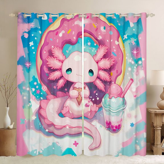 Feelyou Dreamy Ocean Axolotl Black Out Curtains for Teens, Cartoon Boba Animal Curtains Pack of 2 (42x63 Each), Blue Pink Blossoms Flower Bedroom Curtains, Living Room Curtains Decor