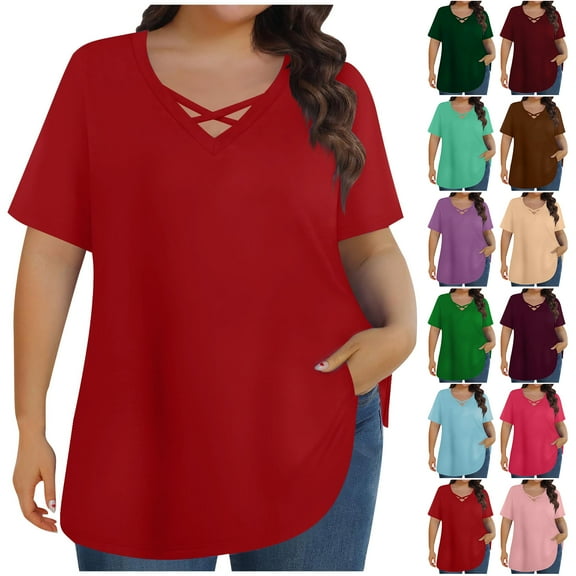 Otntypg Plus Size Tops for Women Summer Trendy Criss Cross V Neck Short Sleeve Basic Tunic T-Shirts Oversized Casual Loose Fit Tunic Blouses Army Green XXXXL