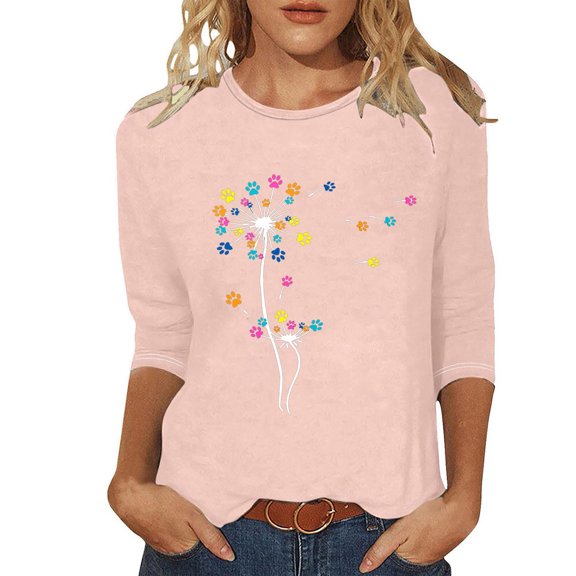 Teissuly Women's Fashion Printed T-shirt 3/4 Sleeves Blouse Round Neck Casual Tops