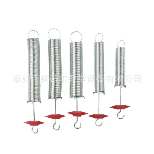 Miangastore 5pcs Science Springs set designed for physics experiments and Hooke's Law mechanics. The set includes five spiral springs made of steel with a compact and portable design, featuring red plastic components and hooks for easy assembly. Ideal for students and educators in science labs or classrooms.