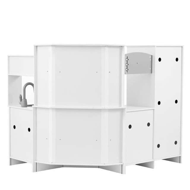 KFFKFF Corner Play Kitchen Set, Wooden Toy with Lighting & Sound Effects, Includes Ice Machine, Oven, Sink, Clock, Microwave, Fridge & Accessories, Ideal for Young Children & Preschoolers, White
