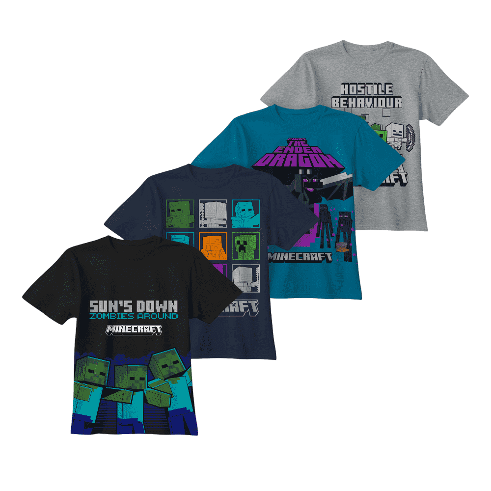 Minecraft Short Sleeve Graphic T-Shirt Set Creeper Skeleton Zombie 4-Pack (Little & Big Boys), Sizes 4–16