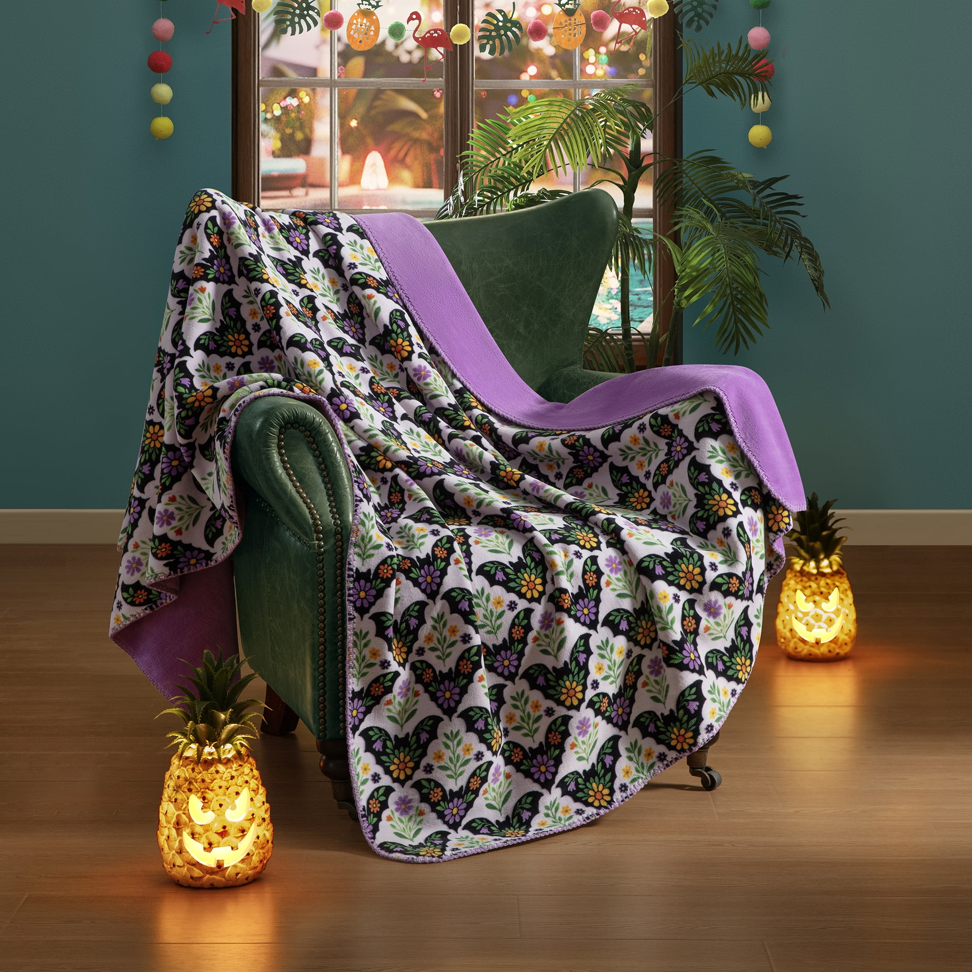 Boo-tique Soft Throw Blanket, Fleece Blanket, Halloween Floral Bats, Purple, 50" x 72"