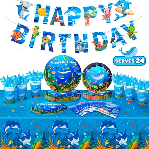 Under The Sea Party Supplies,180pcs Ocean Sea Party Tablewear Set - Marine Life Party Plates Cups Napkins Tablecloth Banner etc Ocean Animal for Under The Sea Party Decorations,Serves 24
