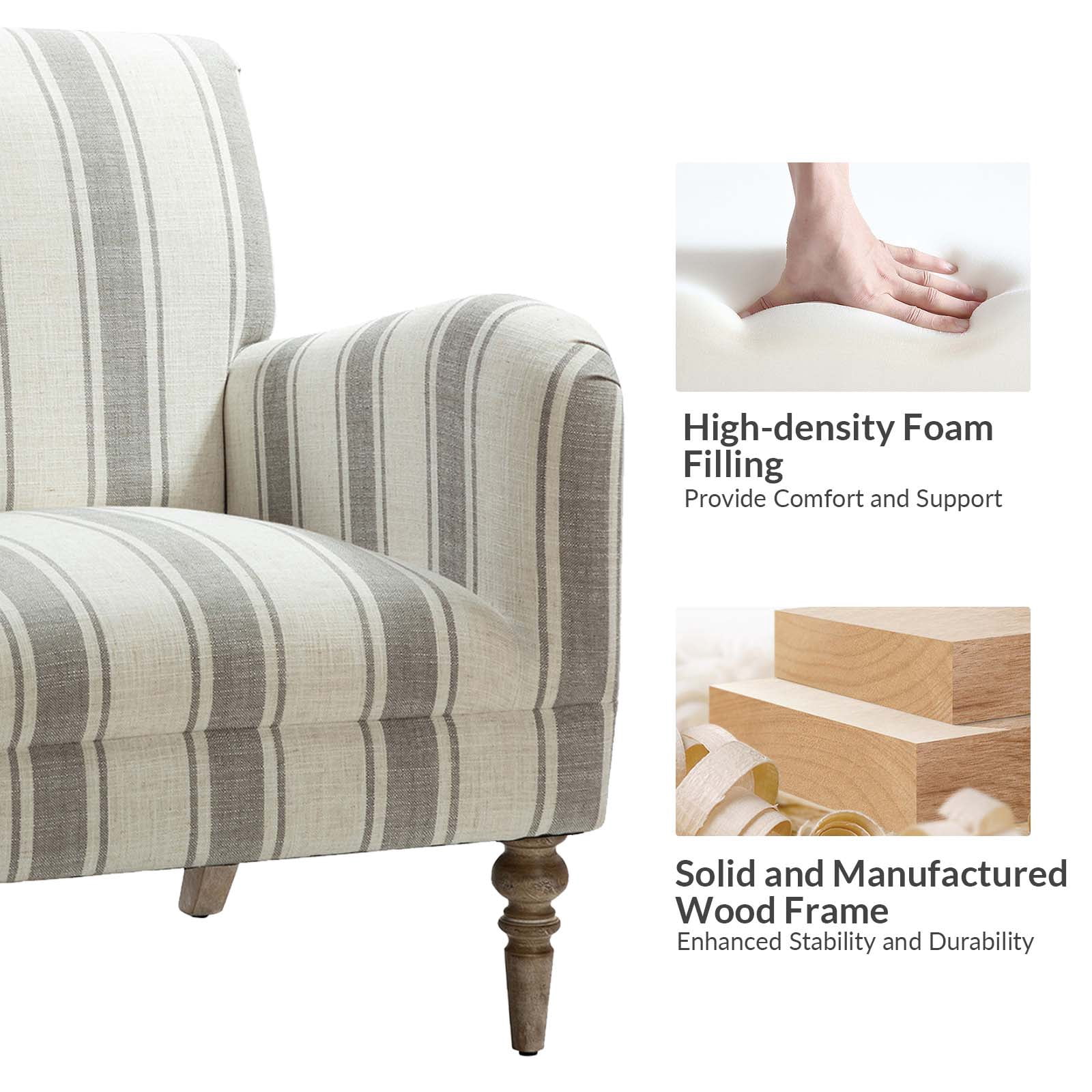 Stripe Accent Chairs Set of 2 Upholstered Wood Legs Armchairs Home Living Room Adult Grey