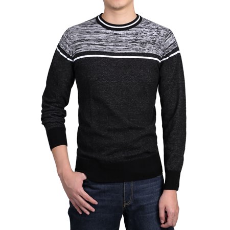 - Men Ribbed Trims Knitted Sweaters Crew Neck Spliced Stripes Pullover