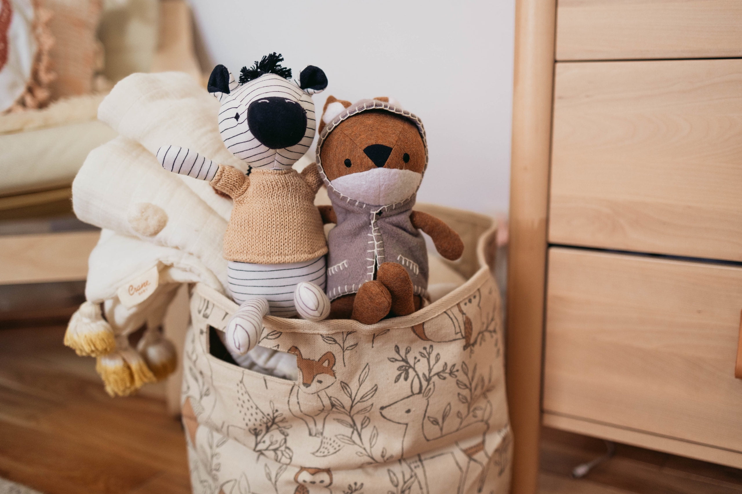 Crane Baby Fabric Round Nursery Storage Basket, Toy Storage, Woodland Nursery Decor, 13"x12", Toy Basket, Baby Storage Organizer, Toy Organizers and Storage Bins, Baby Organizers, Toy Bins