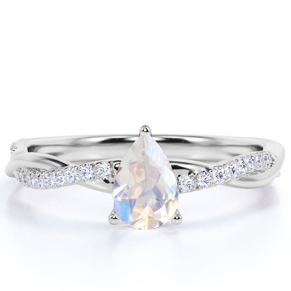 JeenMata 1.75 Carat Pear Shaped Rainbow Moonstone and Moissanite Eternity Ring in 18k White Gold over Silver